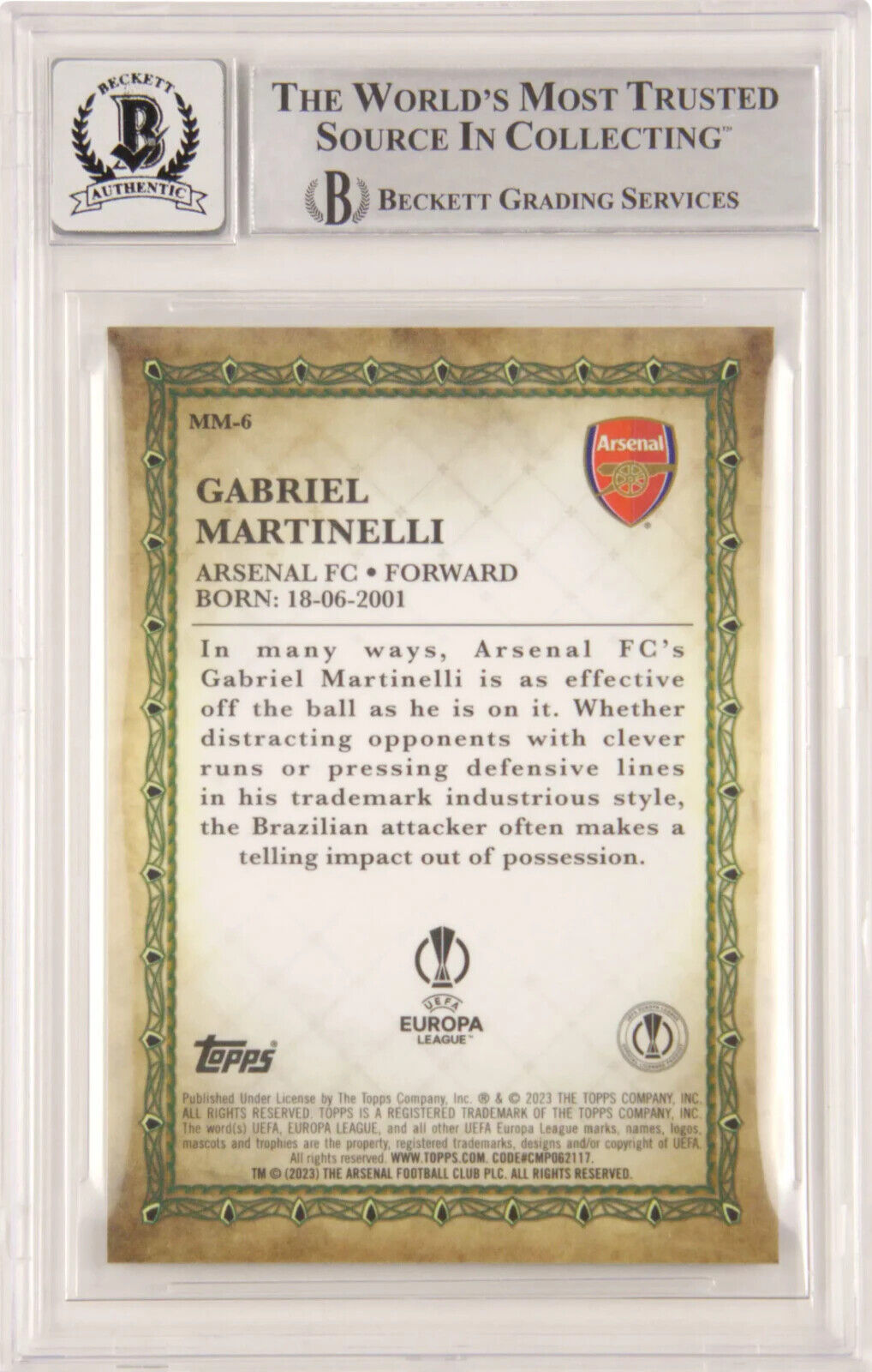 Gabriel Martinelli Signed 2022 Topps Merlin Masters Gold /50 – BGS 10 Autograph